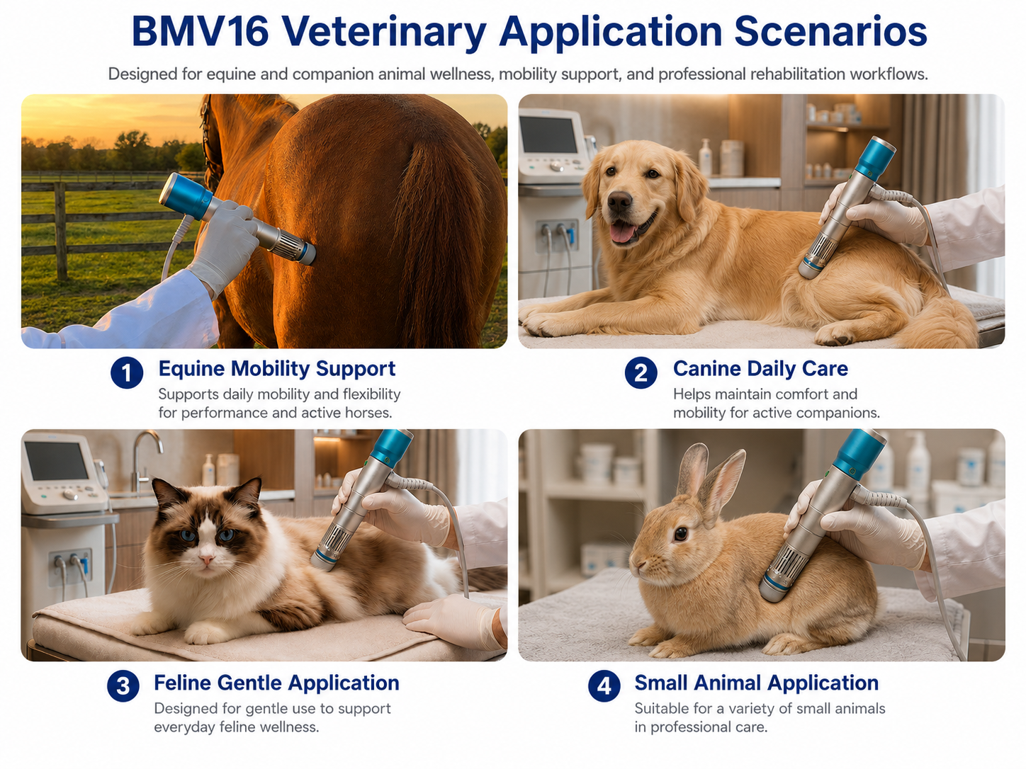 BMV16 veterinary application scenarios for equine, canine, feline, and small animal rehabilitation support