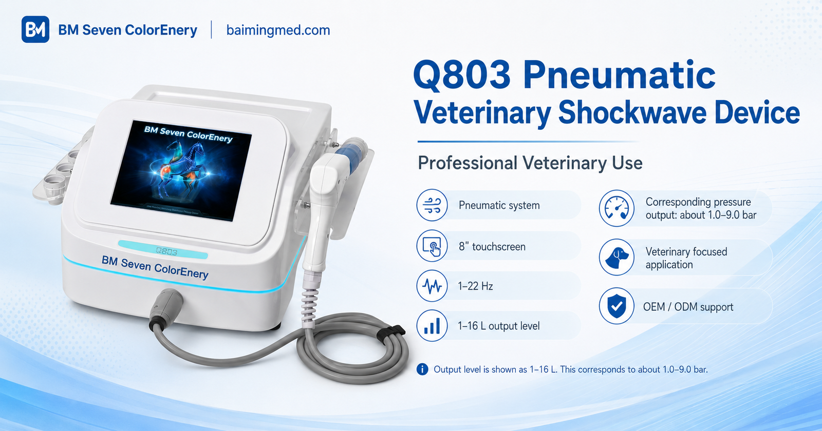 Q803 pneumatic veterinary shockwave device with 8 inch touchscreen and handpiece