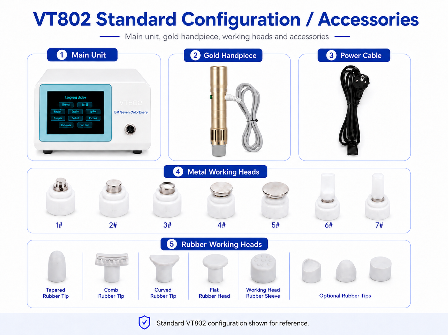 VT802 standard configuration with main unit, gold handpiece, power cable and working heads