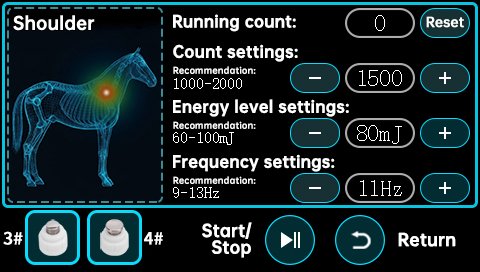 VT802 touchscreen interface showing shoulder settings, energy and frequency controls