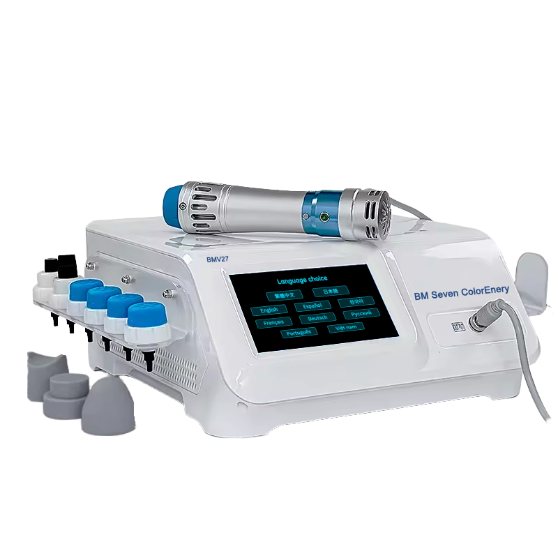 BMV27 veterinary shockwave device showing 10-language touchscreen selection