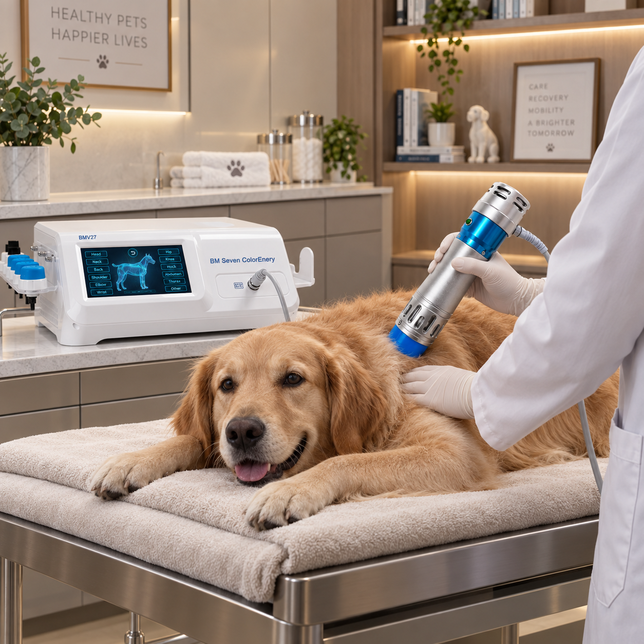BMV27 veterinary shockwave device in a professional canine veterinary equipment application scene
