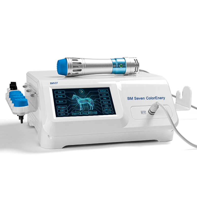 BMV27 veterinary shockwave device showing equine anatomical selection on the 7-inch touchscreen