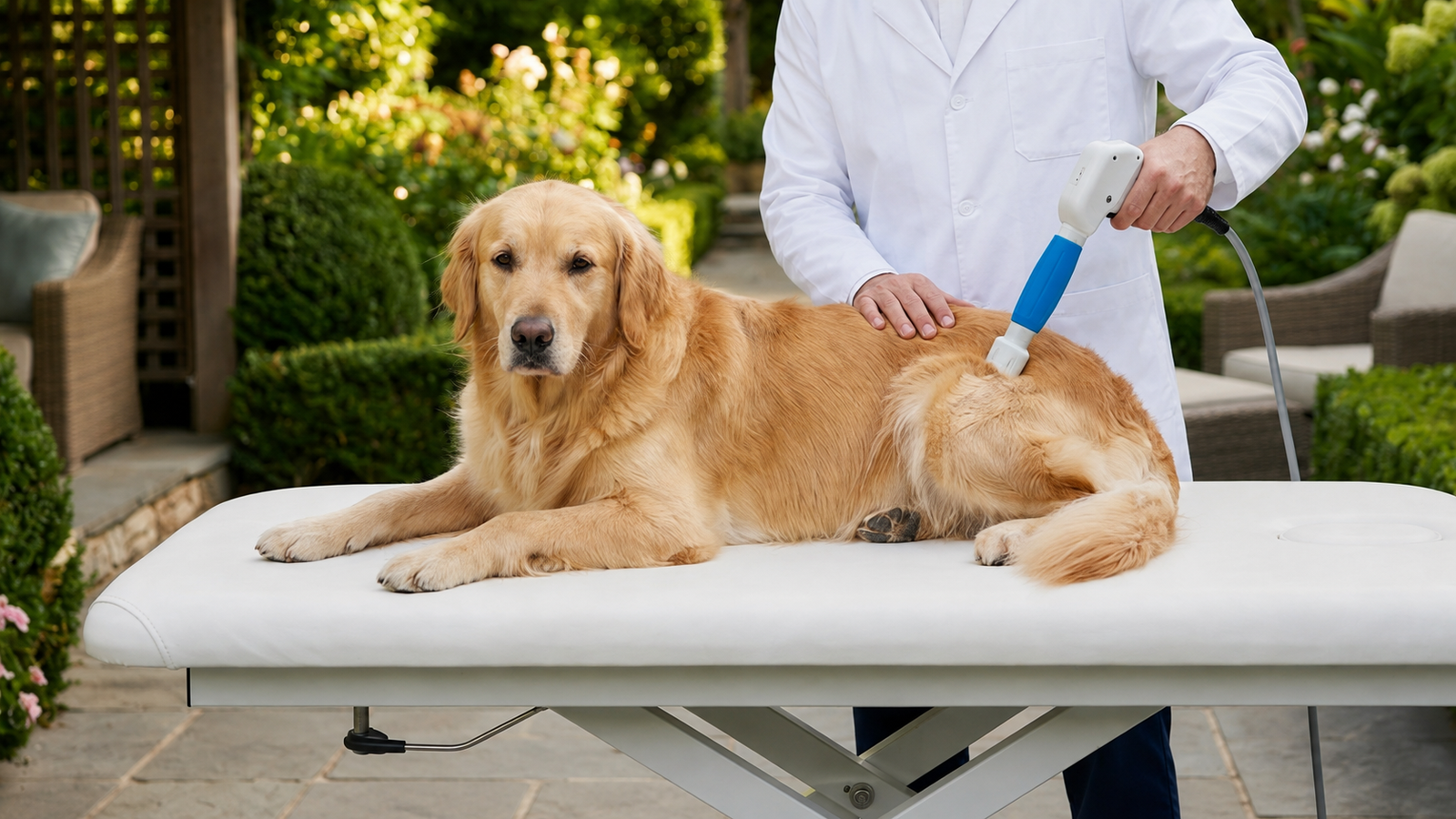 Illustrative companion-animal application scene showing a pneumatic veterinary shockwave handpiece with a golden retriever