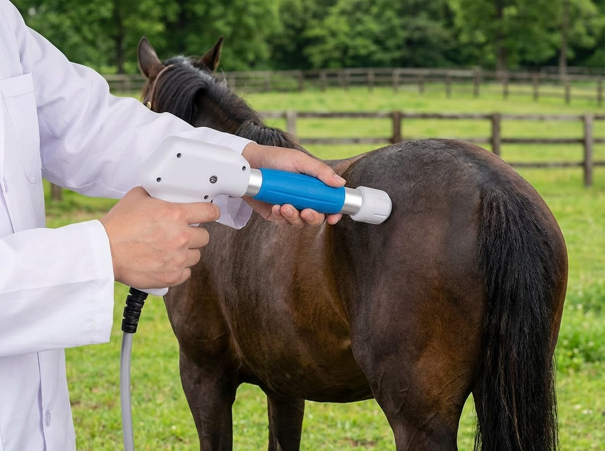 Illustrative equine application scene showing the QT802 pneumatic veterinary shockwave handpiece from BM Seven ColorEnery