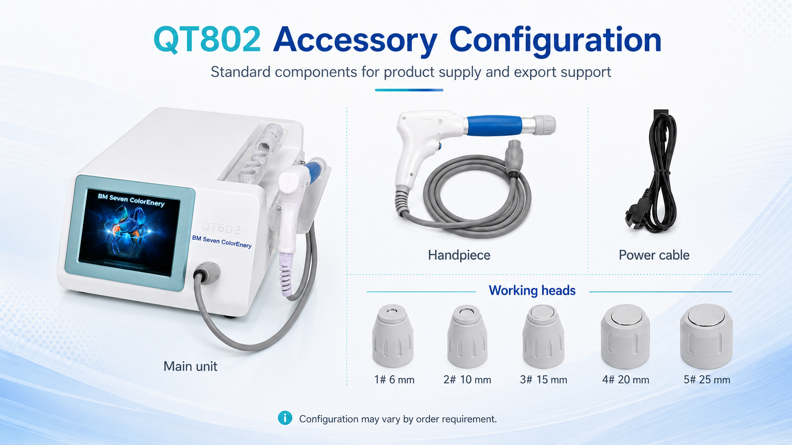 QT802 pneumatic veterinary shockwave device accessory configuration by BM Seven ColorEnery with handpiece, power cable and five working heads